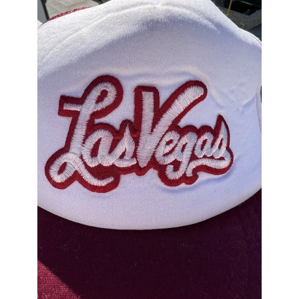 Vintage 70s Las Vegas Nevada embroidered scripted maroon mesh trucker hat